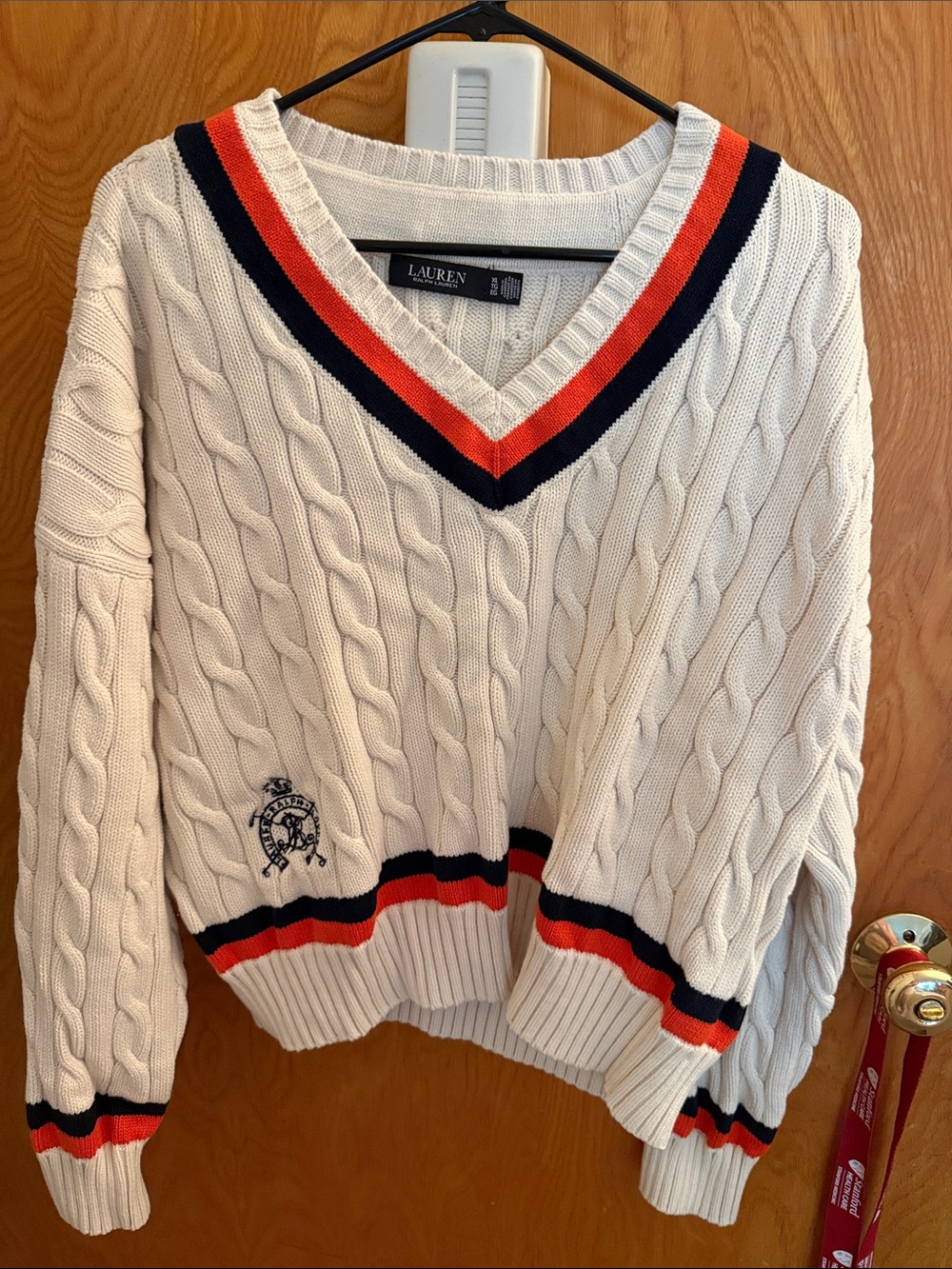 Lauren Ralph Lauren Cream Cable-Knit V-Neck Sweater with Red & Navy Trim